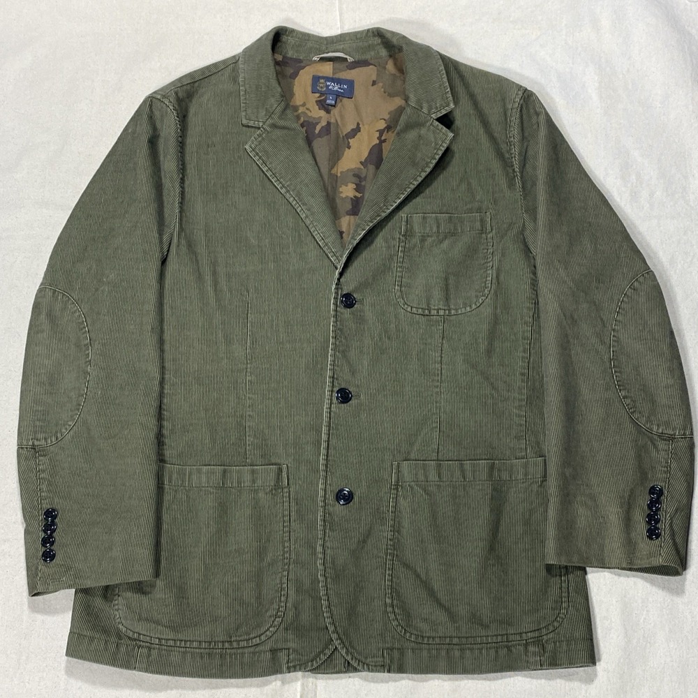 WALLIN & BROS corduroy blazer olive green camo lining elbow patches Sz L